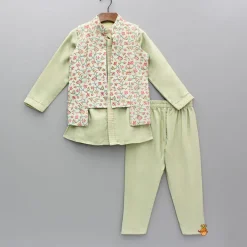 Fashion Green Kurta With Embroidered Jacket And Pyjama BOY Indian Ethnic Wear | Ethnic Sets