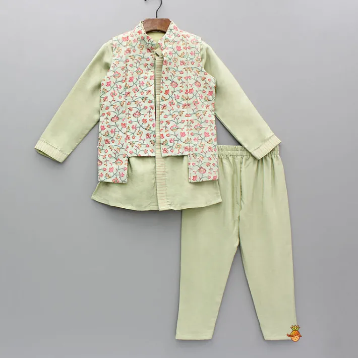 Fashion Green Kurta With Embroidered Jacket And Pyjama BOY Indian Ethnic Wear | Ethnic Sets