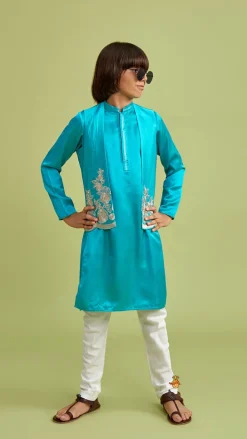 Best Green Kurta With Embroidered Open Jacket And Pyjama BOY Twinning Sets | Indian Ethnic Wear