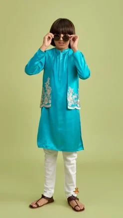 Best Green Kurta With Embroidered Open Jacket And Pyjama BOY Twinning Sets | Indian Ethnic Wear