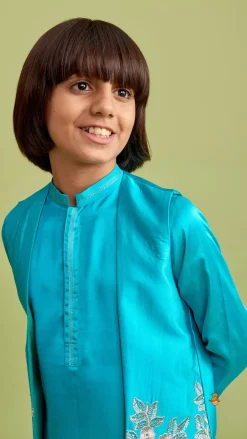 Best Green Kurta With Embroidered Open Jacket And Pyjama BOY Twinning Sets | Indian Ethnic Wear