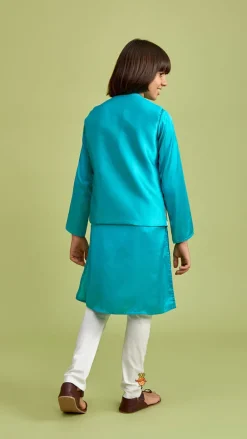 Best Green Kurta With Embroidered Open Jacket And Pyjama BOY Twinning Sets | Indian Ethnic Wear