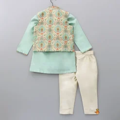 Discount Green Kurta With Multicolour Printed Jacket And Pant BOY Indian Ethnic Wear | Ethnic Sets