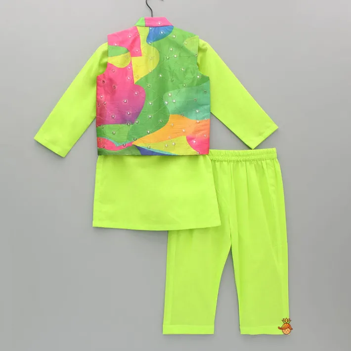 Sale Green Kurta With Multicoloured Printed Jacket And Pyjama BOY Indian Ethnic Wear | Ethnic Sets