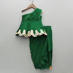 New Green Lace Embroidered One Shoulder Top With Attached Pleated Dupatta And Stylish Dhoti Skirt Ethnic Wear | Dhotis & Patialas