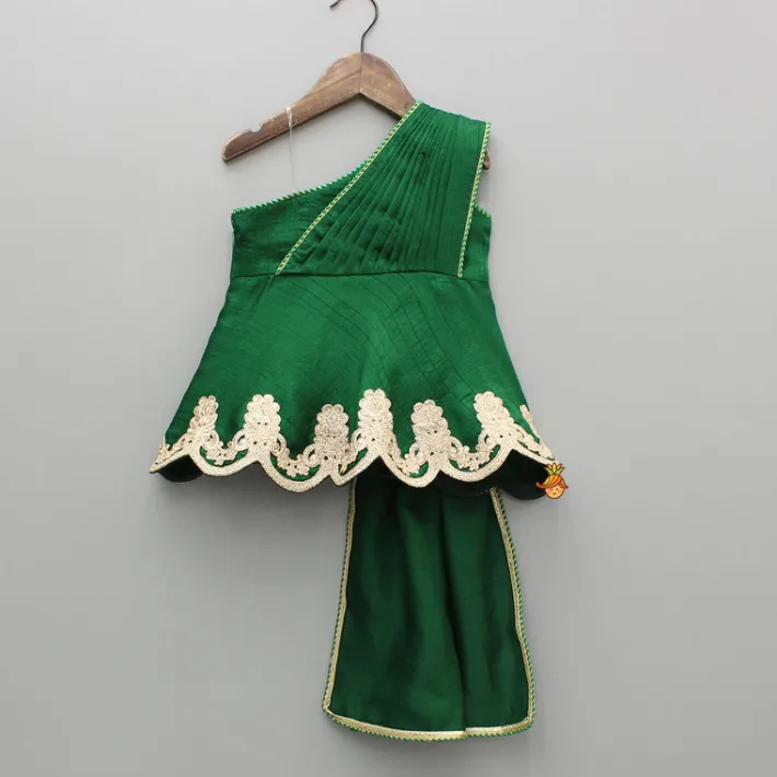 New Green Lace Embroidered One Shoulder Top With Attached Pleated Dupatta And Stylish Dhoti Skirt Ethnic Wear | Dhotis & Patialas