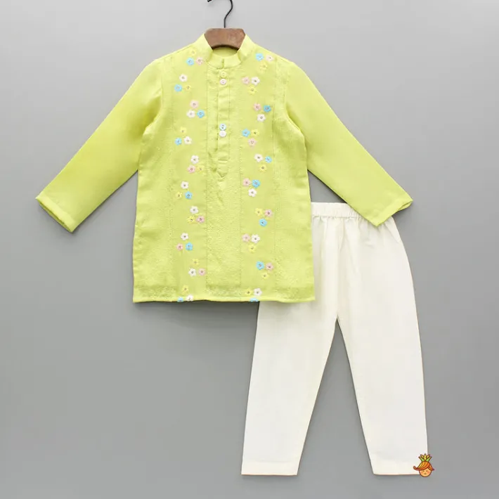 Clearance Green Multicolour Floral Embroidered Kurta And Pyjama BOY Indian Ethnic Wear | Ethnic Sets