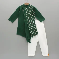 Hot Green Pleated Asymmetric Stylish Kurta With Pant BOY Indian Ethnic Wear | Ethnic Sets
