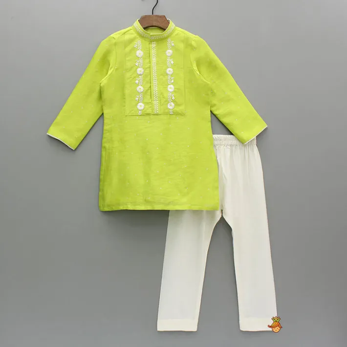 Hot Green Polka Dot Embroidered Kurta With Pyjama BOY Indian Ethnic Wear | Ethnic Sets