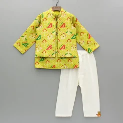 Discount Green Printed Kurta With Jacket And Pyjama BOY Indian Ethnic Wear | Ethnic Sets