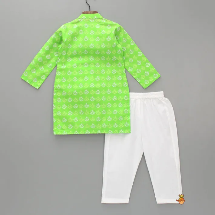 Hot Green Printed Kurta With One Side Flap And Pyjama BOY Indian Ethnic Wear | Ethnic Sets
