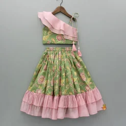Online Green Printed One Shoulder Frilly Top And Lehenga Ethnic Wear | Lehengas & Ghagras