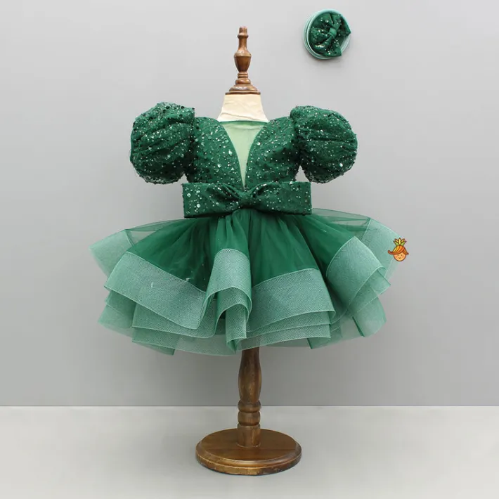 Fashion Green Sequined Ruffled Dress With Bows And Matching Swirled Bow Hairclip Dresses & Sets | Dresses