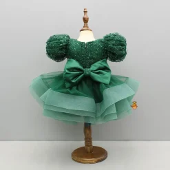 Fashion Green Sequined Ruffled Dress With Bows And Matching Swirled Bow Hairclip Dresses & Sets | Dresses