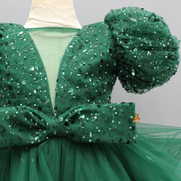 Fashion Green Sequined Ruffled Dress With Bows And Matching Swirled Bow Hairclip Dresses & Sets | Dresses
