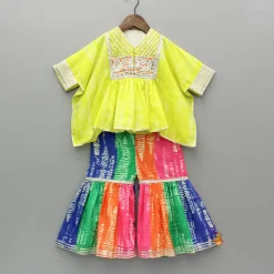 Online Green Shibori Printed Embellished Kaftan Top And Multicolour Sharara With Dupatta Ethnic Wear | Palazzos & Shararas