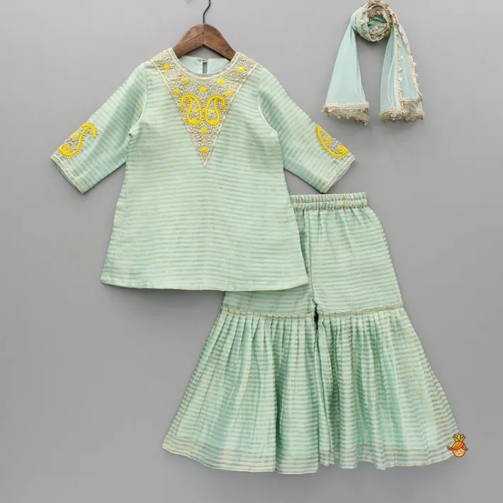 Discount Green Striped Embroidered Kurti And Pleated Sharara Ethnic Wear | Palazzos & Shararas