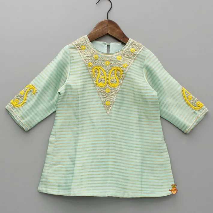 Discount Green Striped Embroidered Kurti And Pleated Sharara Ethnic Wear | Palazzos & Shararas
