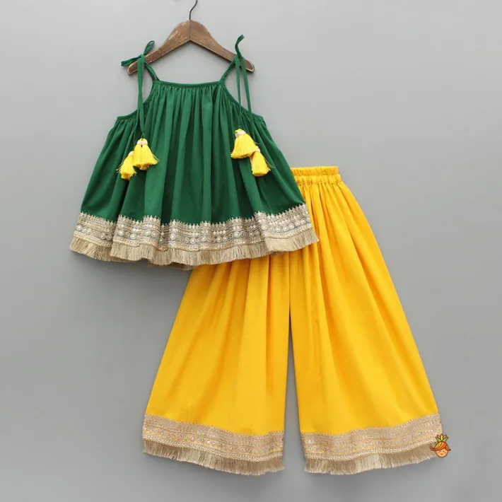Outlet Green Tie Up Strap Top And Flared Palazzo Ethnic Wear | Palazzos & Shararas