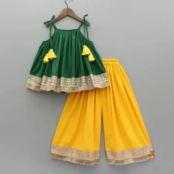 Outlet Green Tie Up Strap Top And Flared Palazzo Ethnic Wear | Palazzos & Shararas