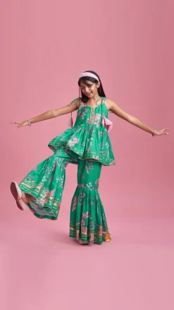 Outlet Green Top And Sharara With Pink Floral Prints And Net Dupatta Ethnic Wear | Palazzos & Shararas