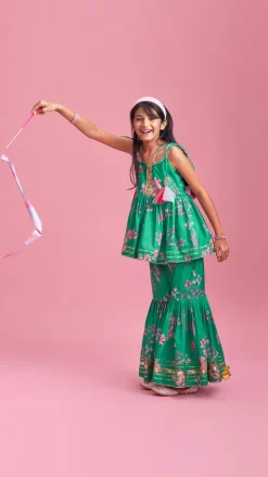 Outlet Green Top And Sharara With Pink Floral Prints And Net Dupatta Ethnic Wear | Palazzos & Shararas