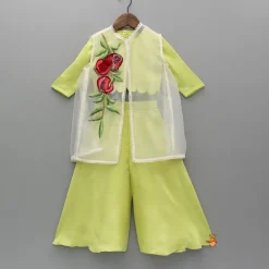 Clearance Green Top With Embroidered Applique Jacket And Palazzo Ethnic Wear | Palazzos & Shararas
