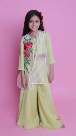 Clearance Green Top With Embroidered Applique Jacket And Palazzo Ethnic Wear | Palazzos & Shararas