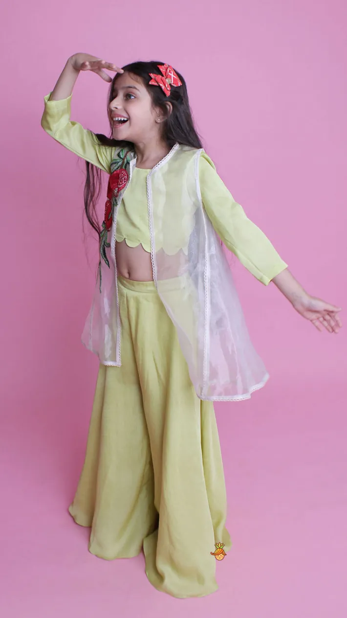 Clearance Green Top With Embroidered Applique Jacket And Palazzo Ethnic Wear | Palazzos & Shararas