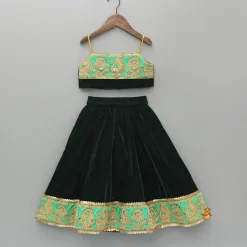 Discount Green Velvet Embroidered Strappy Top And Lehenga With Fringed Dupatta Ethnic Wear | Lehengas & Ghagras