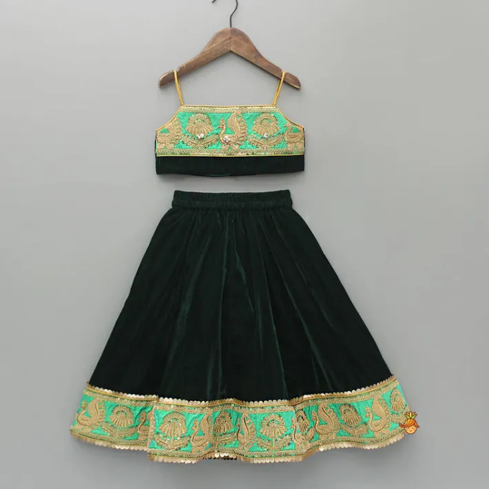 Discount Green Velvet Embroidered Strappy Top And Lehenga With Fringed Dupatta Ethnic Wear | Lehengas & Ghagras