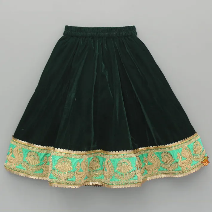 Discount Green Velvet Embroidered Strappy Top And Lehenga With Fringed Dupatta Ethnic Wear | Lehengas & Ghagras