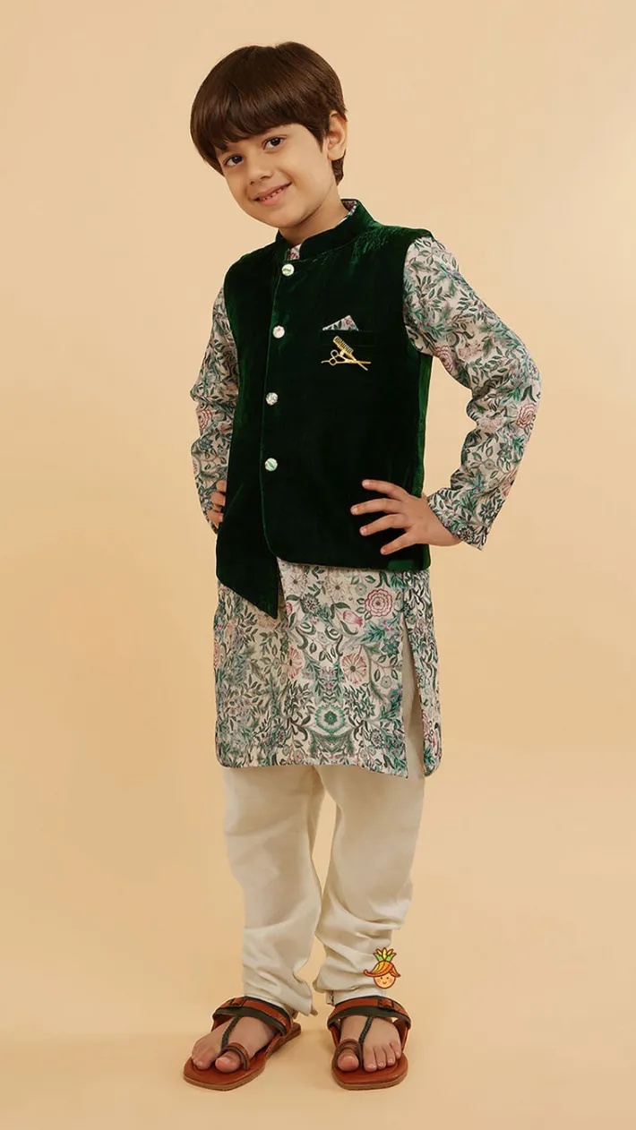 Fashion Green Velvet Jacket With Floral Printed Kurta And Churidar BOY Indian Ethnic Wear | Ethnic Sets