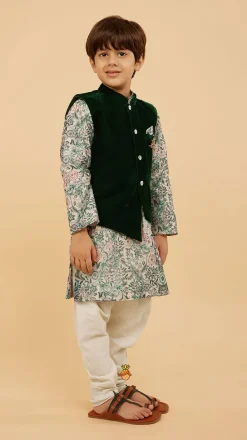 Fashion Green Velvet Jacket With Floral Printed Kurta And Churidar BOY Indian Ethnic Wear | Ethnic Sets