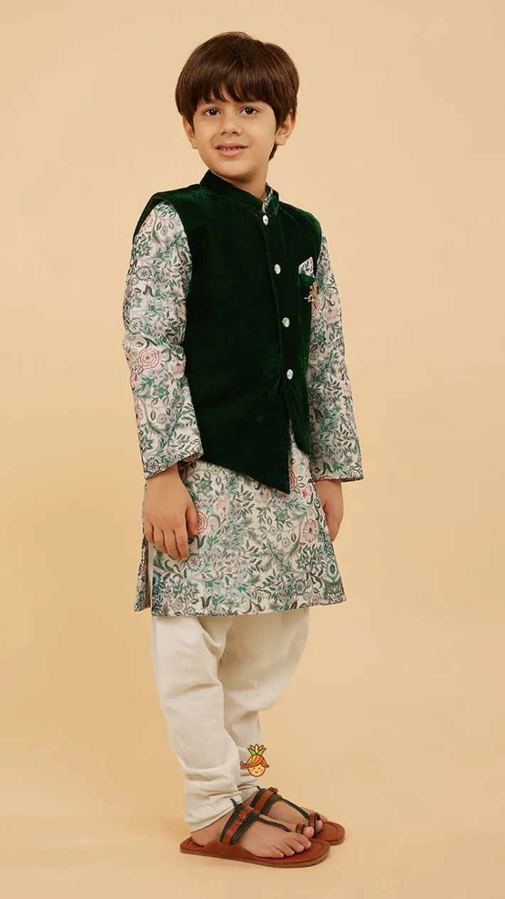 Fashion Green Velvet Jacket With Floral Printed Kurta And Churidar BOY Indian Ethnic Wear | Ethnic Sets