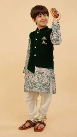 Fashion Green Velvet Jacket With Floral Printed Kurta And Churidar BOY Indian Ethnic Wear | Ethnic Sets