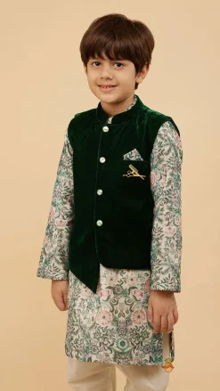 Fashion Green Velvet Jacket With Floral Printed Kurta And Churidar BOY Indian Ethnic Wear | Ethnic Sets
