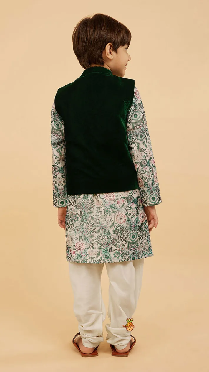 Fashion Green Velvet Jacket With Floral Printed Kurta And Churidar BOY Indian Ethnic Wear | Ethnic Sets