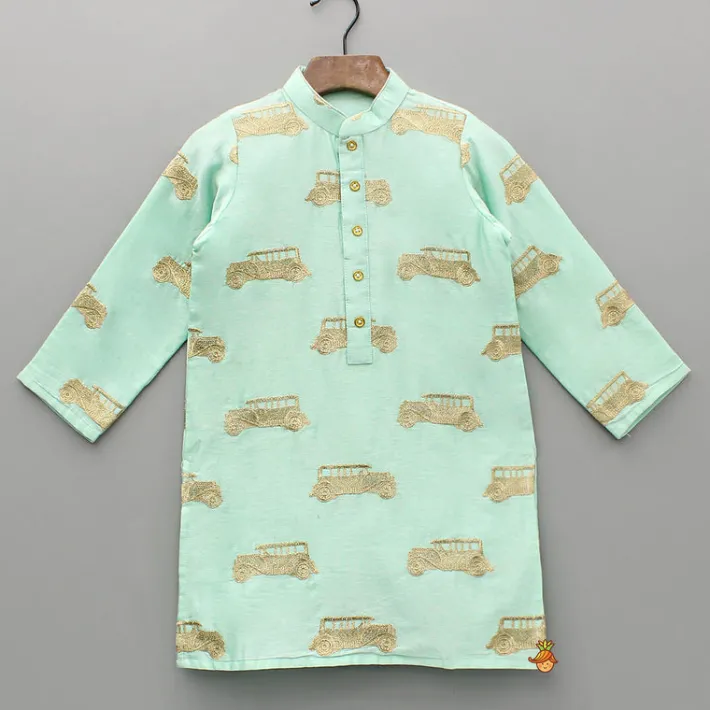 Fashion Green Vintage Car Zari Embroidered Kurta And Pyjama BOY Indian Ethnic Wear | Ethnic Sets