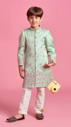 Discount Green Zari And Thread Embroidered Sherwani With Pyjama BOY Indian Ethnic Wear | Sherwani Sets