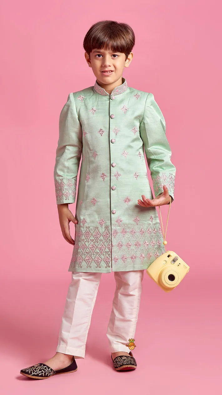 Discount Green Zari And Thread Embroidered Sherwani With Pyjama BOY Indian Ethnic Wear | Sherwani Sets