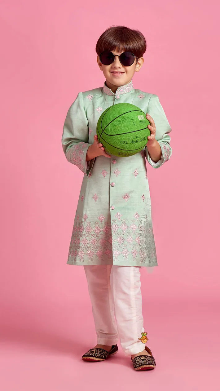 Discount Green Zari And Thread Embroidered Sherwani With Pyjama BOY Indian Ethnic Wear | Sherwani Sets
