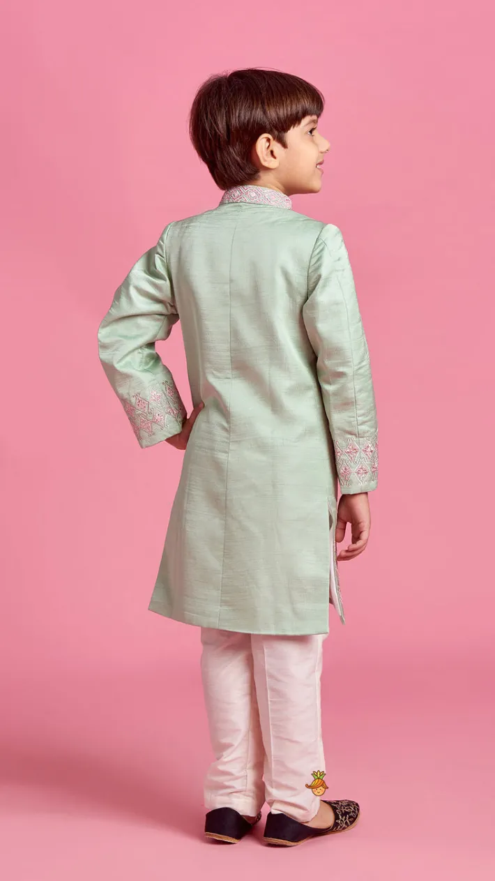 Discount Green Zari And Thread Embroidered Sherwani With Pyjama BOY Indian Ethnic Wear | Sherwani Sets