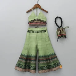 Clearance Halter Neck Green Top And Palazzo With Potli Bag Ethnic Wear | Palazzos & Shararas