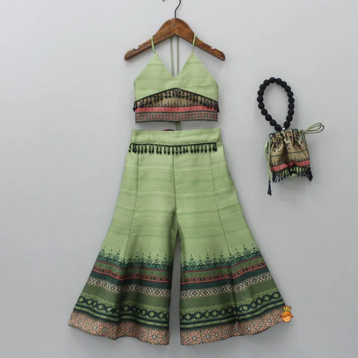 Clearance Halter Neck Green Top And Palazzo With Potli Bag Ethnic Wear | Palazzos & Shararas