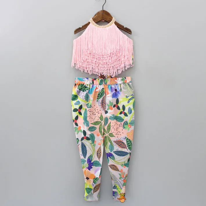 Hot Halter Neck Open Back Peach Top And Printed Multicolour Dhoti Style Tulip Pant Ethnic Wear | Dhotis & Patialas
