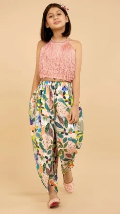 Hot Halter Neck Open Back Peach Top And Printed Multicolour Dhoti Style Tulip Pant Ethnic Wear | Dhotis & Patialas