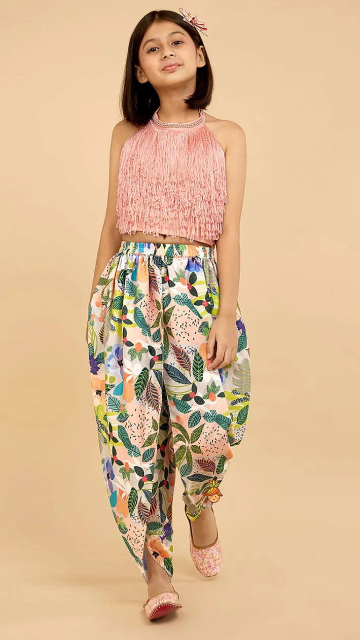 Hot Halter Neck Open Back Peach Top And Printed Multicolour Dhoti Style Tulip Pant Ethnic Wear | Dhotis & Patialas