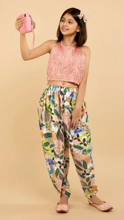 Hot Halter Neck Open Back Peach Top And Printed Multicolour Dhoti Style Tulip Pant Ethnic Wear | Dhotis & Patialas