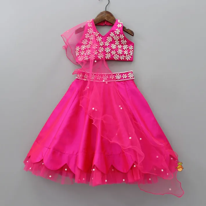 Discount Halter Neck Pink Floral Embroidered Top And Scalloped Hem Lehenga With Flat Back Pearls Enhanced Ruffle Dupatta Ethnic Wear | Lehengas & Ghagras
